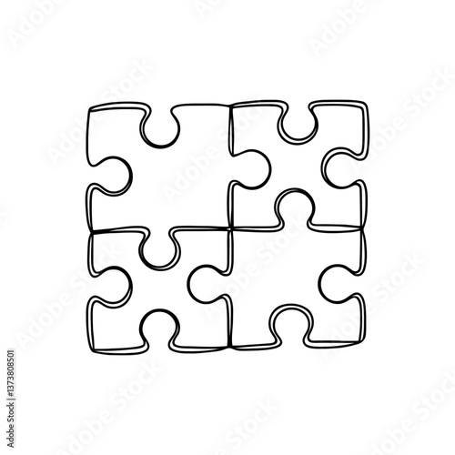 Puzzle pieces continuous one line drawing. Jigsaw pieces sign in simple linear style. Vector illustration.