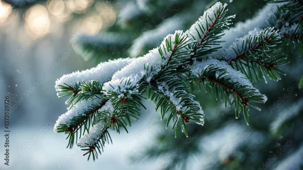 First snowfall. Closeup of a fir tree branch blanketed in snow. Intense frosts. Enchanting light and vibrant imagery.