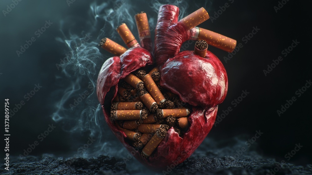 Naklejka premium A visually intense image of a heart filled with cigarettes, enveloped by smoke, illustrating the serious health risks posed by smoking. The vivid symbolism highlights the dangerous connection between