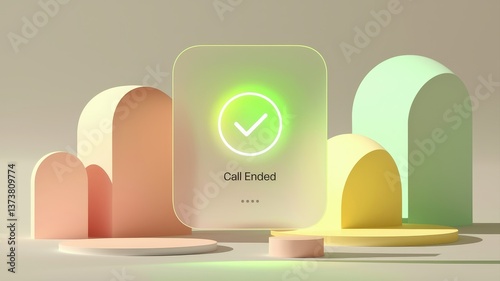 Virtual consultation medical platform concept. Modern digital interface with geometric shapes and a call ended notification glowing green.