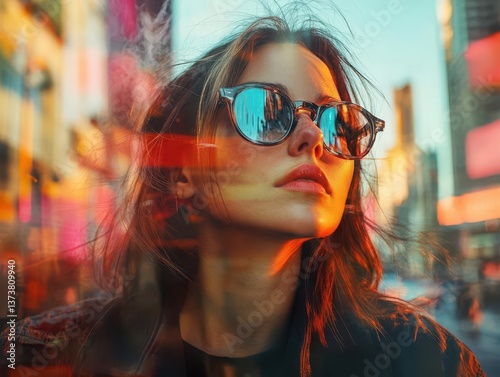 Portrait of a Young Woman in Sunglasses Against Urban Background