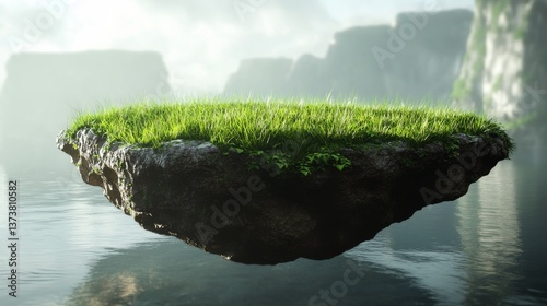 A surreal scene depicting a small, floating island covered in lush grass and greenery, hovering over calm waters with misty cliffs in the background, evoking tranquility and wonder.. AI Generation