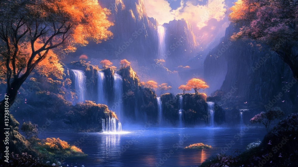 Fototapeta premium A tranquil fantasy landscape featuring a series of waterfalls flowing into a serene lake, framed by glowing orange trees under a soft evening light. The scene evokes calm and wonder.. AI Generation