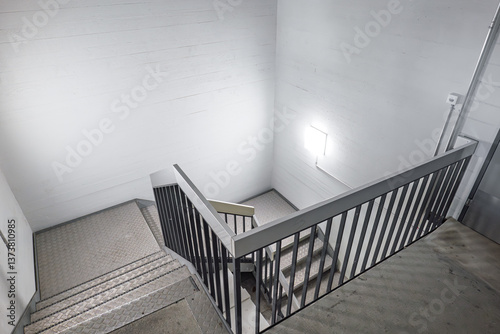 Wallpaper Mural Public building interior staircase hall. Above point of view, looking down, steps going down, wide angle, no people Torontodigital.ca