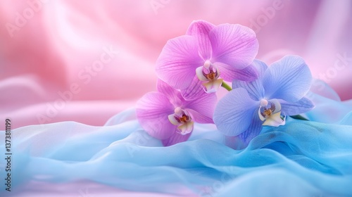 Delicate Harmony Pink and Blue Orchid Blossoms Gracefully Rest on Soft, Flowing Fabric