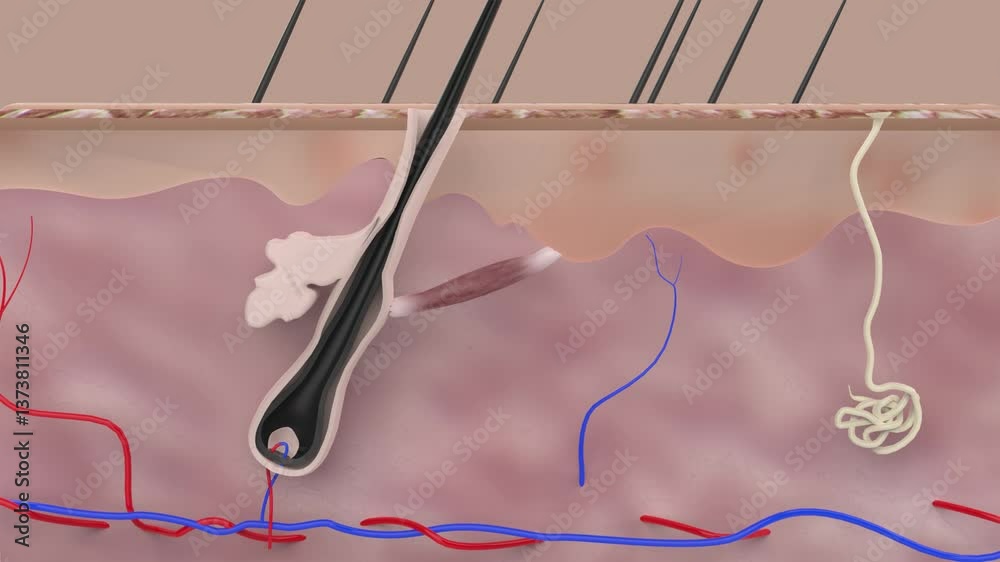 Shrinking of hair follicles result in hair loss, baldness, alopecia. The diagram represents this decrease of follicle size contributing to hair fall or androgenic alopacia.	