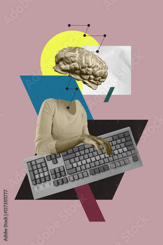 Creative design composite artwork collage of hiring profession recruitment workspace entrepreneur headless lady brain smart type keypad