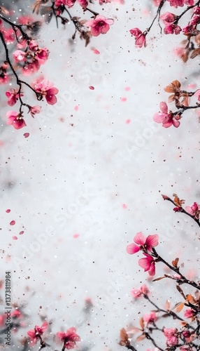 Spring Floral Frame, Pink Cherry Blossom Branches Border with Copy Space, Spring Background