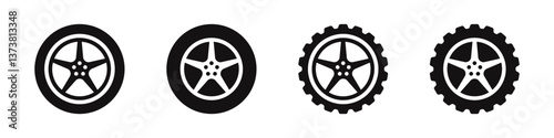 Black rubber wheel tire icons set. Automobile wheels silhouette collection. Vector illustration.
