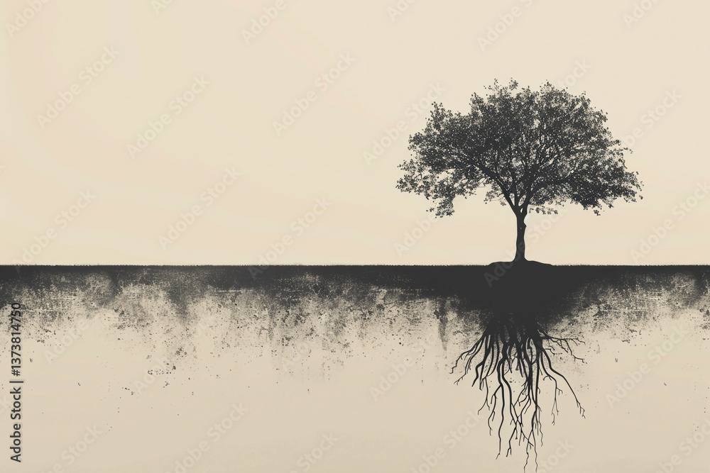 Obraz premium Minimalist Background Featuring a Single Tree with Fading Horizon