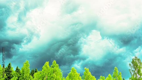 Natures drama unfolds as vibrant clouds shift above a lush forest in tranquil harmony