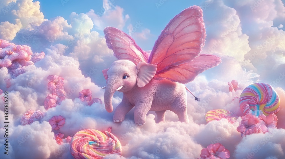 Obraz premium A fantasy scene of a pink elephant with butterfly wings wandering in a cloud-filled candy world. Surrounded by vibrant lollipops and soft clouds, this whimsical image is perfect for children. AI