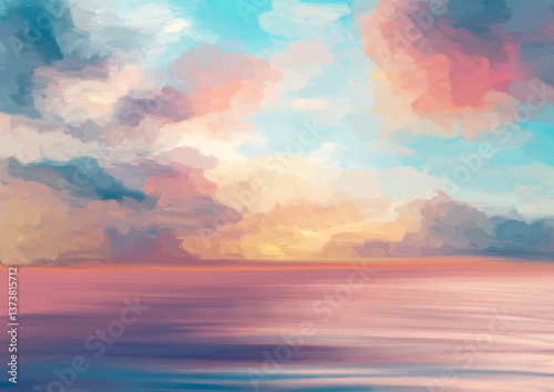 Hand painted minimal seascape landscape with sunset clouds 