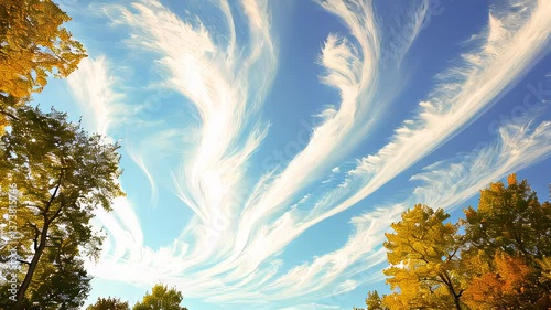 Majestic swirling clouds dance across a bright autumn sky framed by golden trees