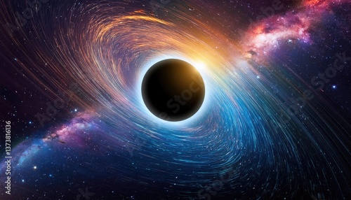  cosmic black hole surrounded by vibrant galaxy and colorful nebulae in deep space