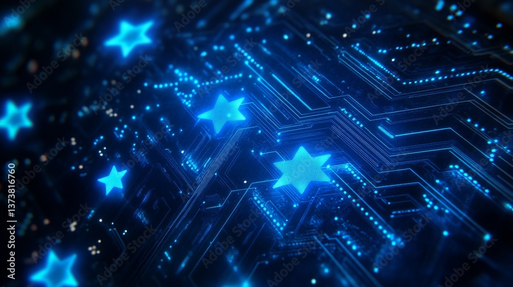 Blue stars over a digital circuit board represent Europe. AI Generation Blue stars over a digital circuit board represent Europe. AI Generation