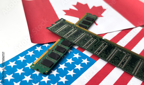 Graphics card with processor and microchip with flags of the USA and Canada. Concept for global battle and monopoly on microchip manufacturing USA