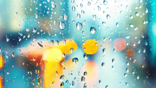 Rain-drenched urban street reflecting vibrant colors through glass drops at twilight