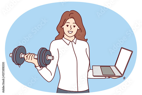 Busy woman with laptop and dumbbells multitasking and doing fitness to support figure. Businesswoman recommends to lead healthy lifestyle or deal with business issues in multitasking mode