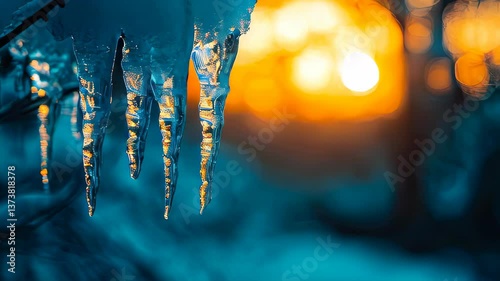Winter magic revealed through glistening icicles as the sun sets in a tranquil landscape