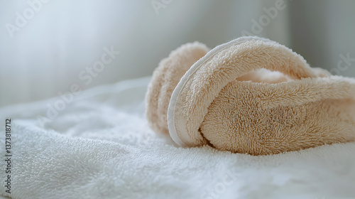 Cozy terrycloth spa headband nestled on a soft white towel, capturing serene relaxation and self-care.