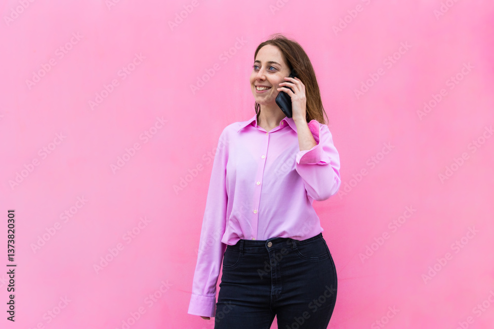 Young businesswoman smiling and talking on smartphone on pink background Young businesswoman smiling and talking on smartphone on pink background