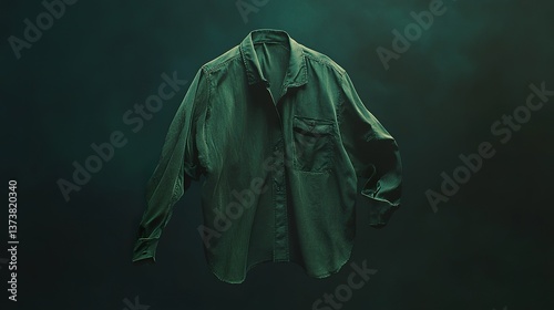 Green button-down shirt on a dark background creates fashion composition