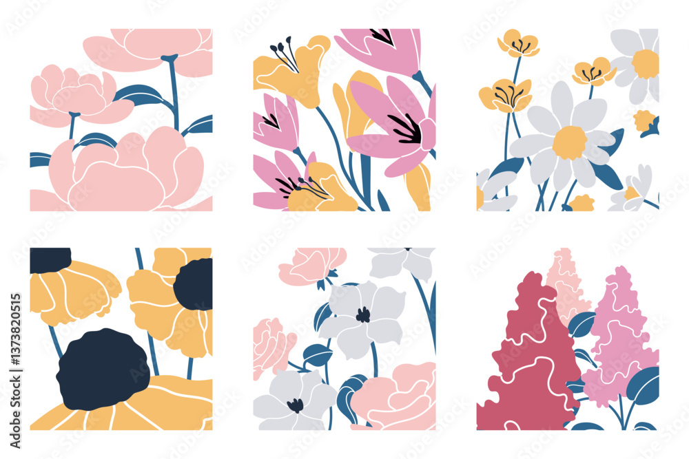 Set of illustrations with different flowers. Floral compositions. For spring and nature designs. Set of illustrations with different flowers. Floral compositions. For spring and nature designs.