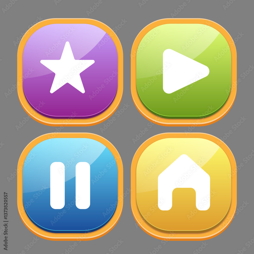 Button set for game interface. Menu, play, star and pause buttons in SVG format. Colored buttons with gold frame. Ui game buttons, gui elements.