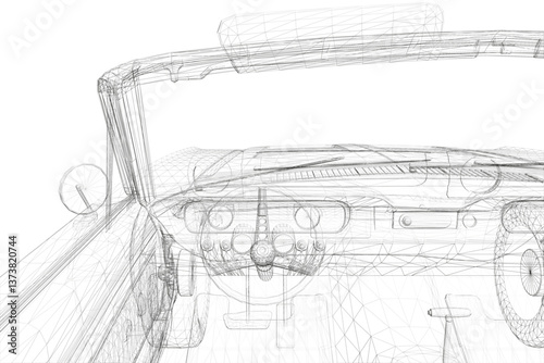 A car is shown in a black and white drawing. The car is a convertible with a sunroof. The drawing is of a car's interior, and the focus is on the steering wheel. The mood of the drawing is artistic