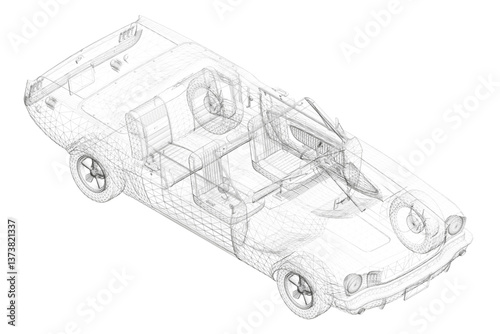 A car is shown in a black and white drawing. The car is a convertible with a wheel well and a steering wheel. The car is shown in a very detailed manner, with the interior