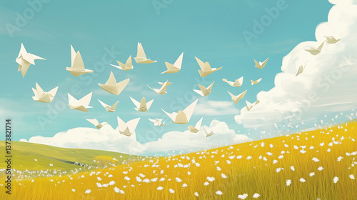 Paper Birds Flying Over Golden Field