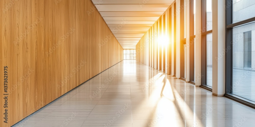 Fototapeta premium Professional Change promotion concept. Modern corridor with wooden walls and sunlight streaming through large windows.