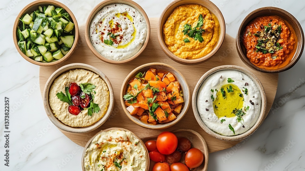A minimalist display of small bowls of dips arranged in a circle on a light wooden board. background A minimalist display of small bowls of dips arranged in a circle on a light wooden board. background