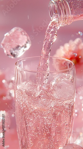 a vintage visky meridian crystal glass with pink sparkling liquid inside being poured from a smirnoff ice bottle, pink studio background, pastel color palette with red, pink, white, champagne color pa