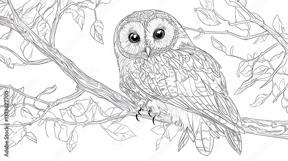 Fototapeta premium A drawing of an owl sitting on a branch