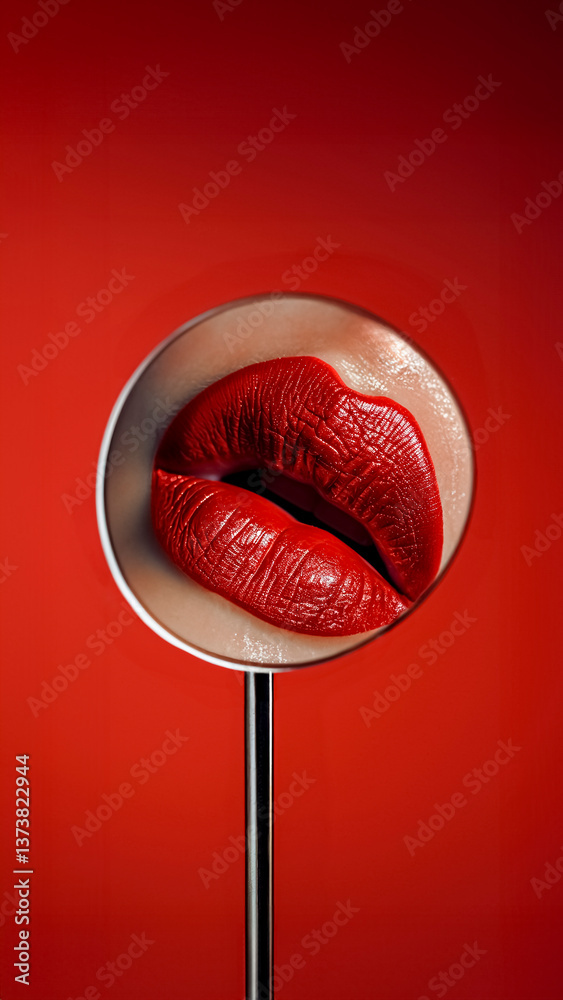 Glamorous Red Lips Reflected in Mirror. Feminine Elegance, Bold Beauty, Sensual Elegance.