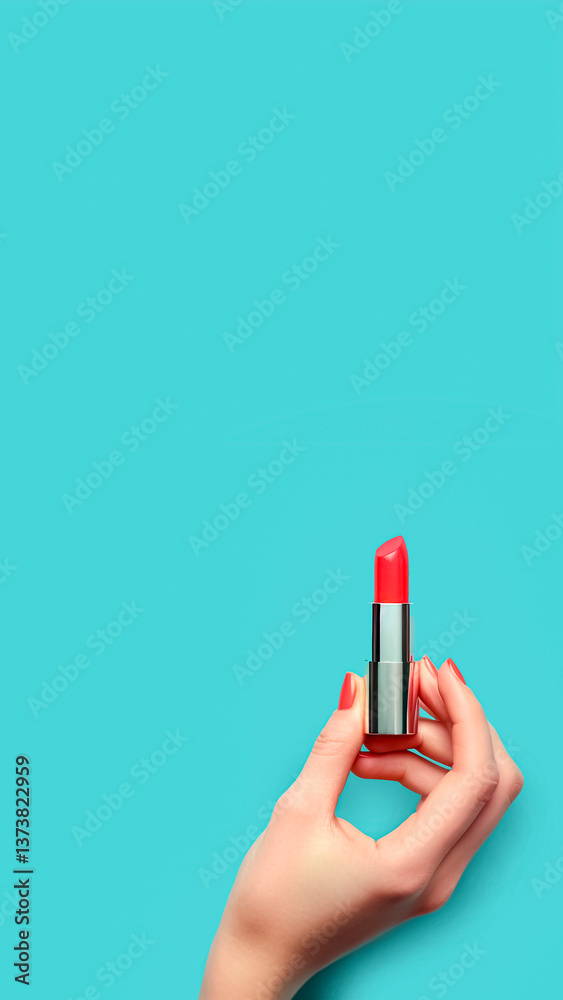 Hand Holding Red Lipstick. Blue Background with Copyspace. Fashion Makeup, Glamorous Accessory, Beauty Icon.