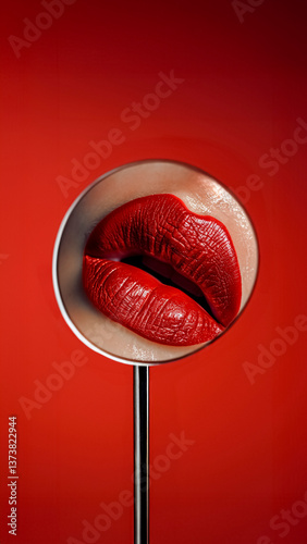 Obraz na płótnie Glamorous Red Lips Reflected in Mirror. Feminine Elegance, Bold Beauty, Sensual Elegance. w salonie