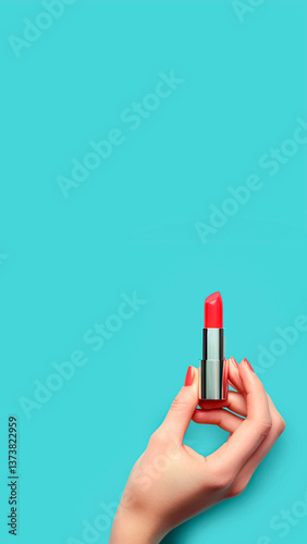 Obraz na płótnie Hand Holding Red Lipstick. Blue Background with Copyspace. Fashion Makeup, Glamorous Accessory, Beauty Icon. w salonie