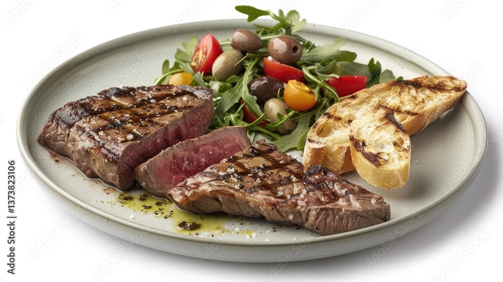 A perfectly grilled medium-rare steak, with the pink center visible and rustic bread on the side of the plate A perfectly grilled medium-rare steak, with the pink center visible and rustic bread on the side of the plate
