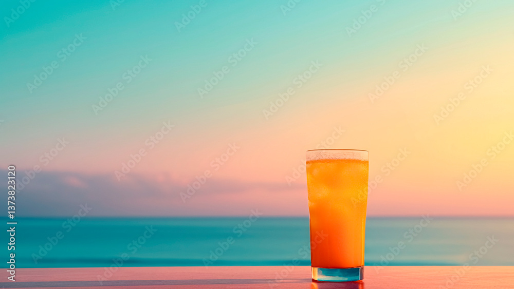 Tropical Cocktail with Ocean Background. Summer Concept, Vacation Mood, Refreshing Drink.