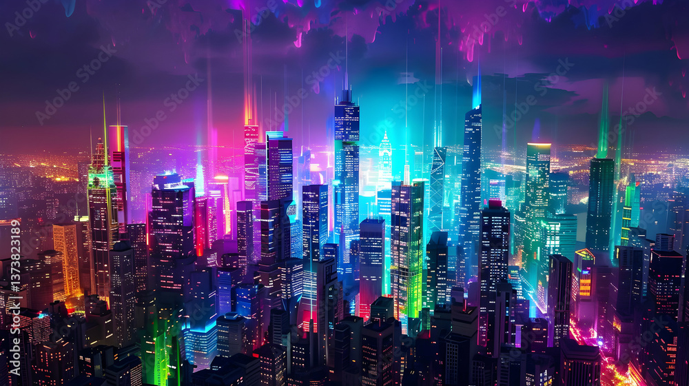 Fototapeta premium Nighttime Cityscape Ablaze in Neon Lights