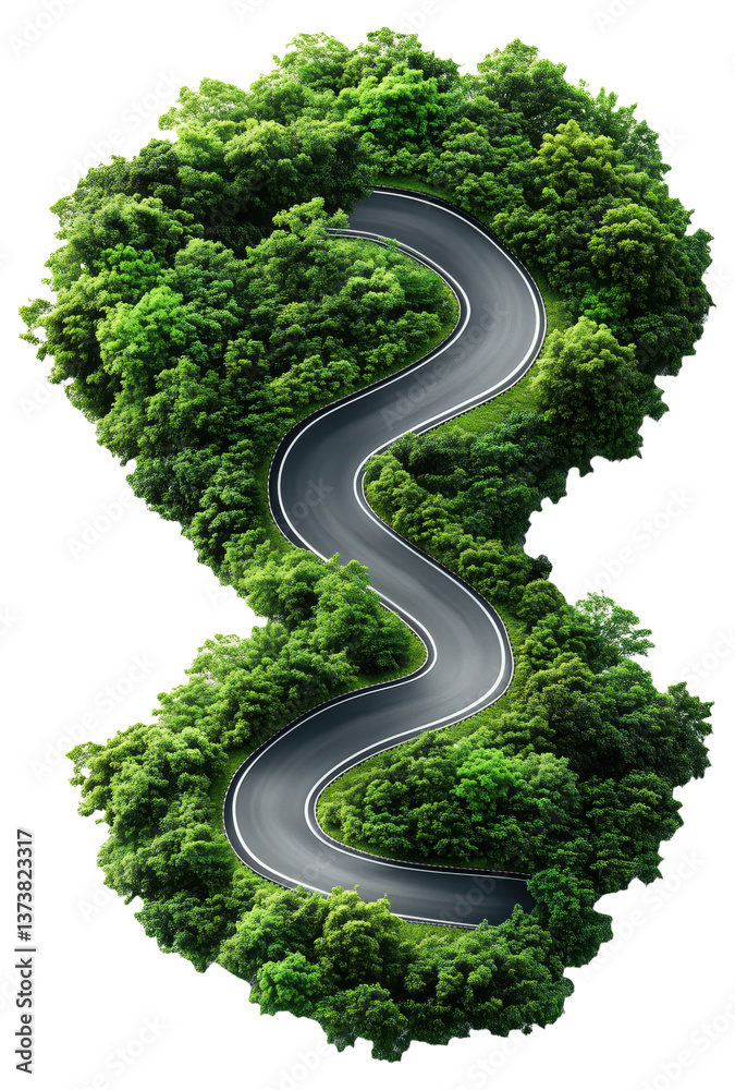 Curvy road winding through dense green forest