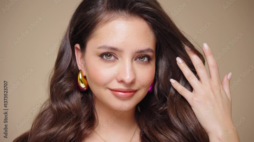 Beautiful model women have wave and shiny hair . Brunette girl with curly hairstyle, earrings and jewelry. Slow motion video Beautiful model women have wave and shiny hair . Brunette girl with curly hairstyle, earrings and jewelry. Slow motion video