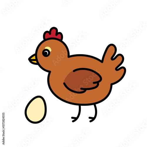 Hen with an egg line icon illustration in orange and yellow colors. Domestic animals, agriculture and farming concept. Lovely female chicken character for decoration, kids design. Vector illustration