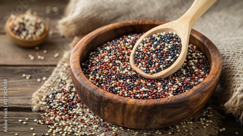 Tri-Color Quinoa Superfood: Delicious and Nutritious Bowl with Wood Spoon