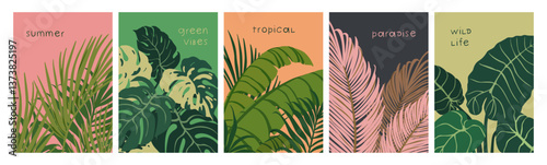 Leaf plants, tropical floral cards set. Exotic jungle foliage, fresh rainfore...