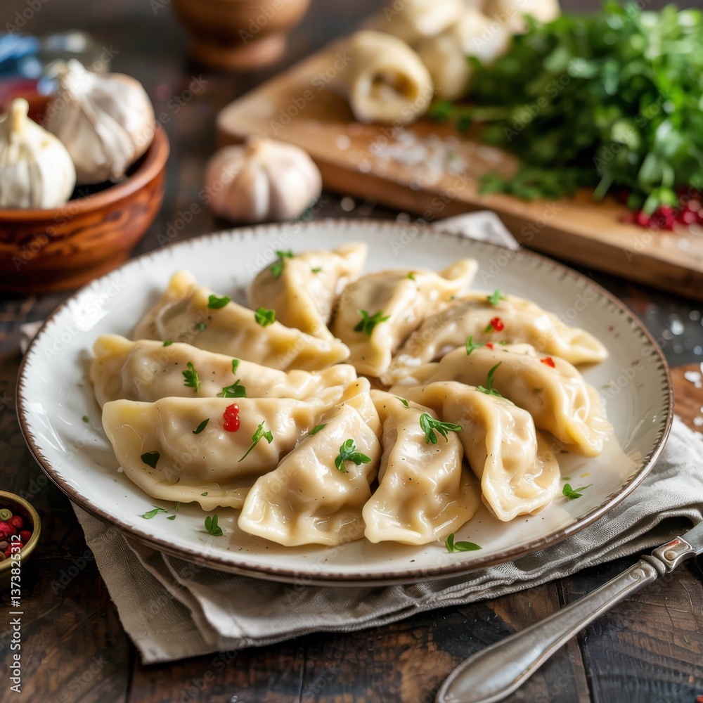 Traditional Pierogi Dumplings on Rustic Plate Traditional Pierogi Dumplings on Rustic Plate