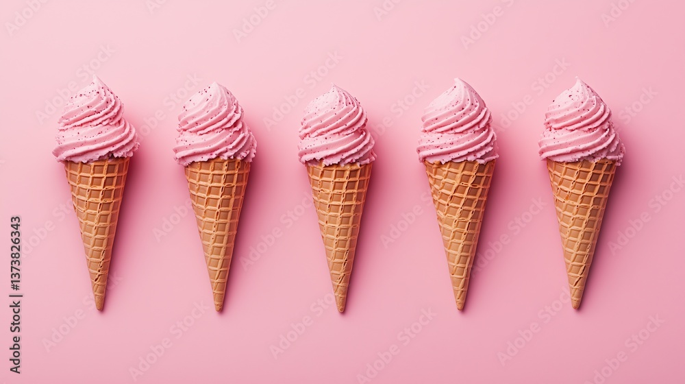 Five pink ice cream cones with waffle cones arranged in row against matching solid pink background Five pink ice cream cones with waffle cones arranged in row against matching solid pink background